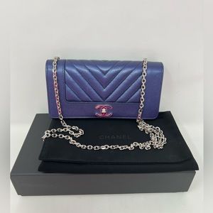 Chanel Mademoiselle Long Wallet Chevron Navy Blue Metallic Lambskin-large wallet